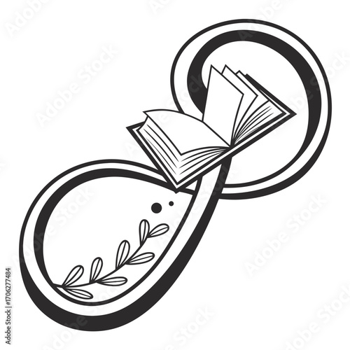 Elegant black and white illustration of an open book with turning pages adorned with a laurel branch and abstract swirling lines symbolizing knowledge and growth