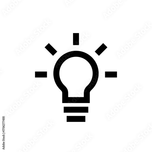 A simple black outline of a light bulb with rays surrounding it symbolizes creativity and innovation. This design conveys the concept of inspiration and new ideas effectively