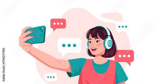 Modern Girl Taking a Selfie While Listening to Music with Speech Bubbles Floating Around