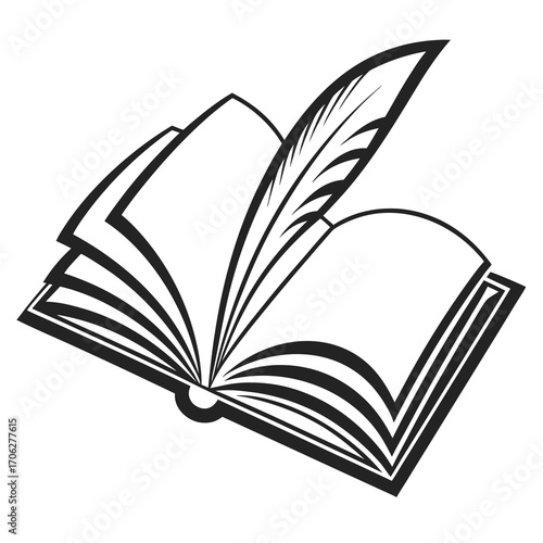 An open book with a quill pen resting on its pages symbolizing writing literature education and the art of storytelling