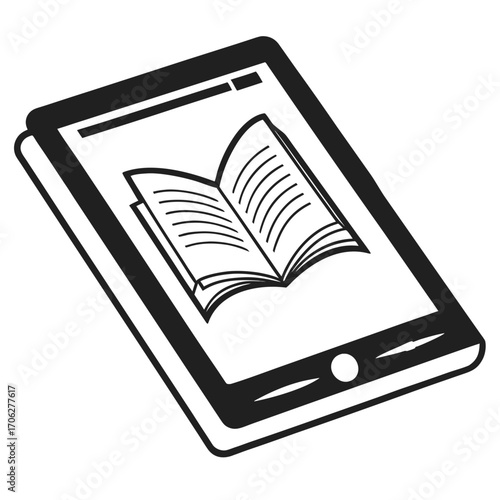 Digital book icon on a tablet screen representing e learning and online reading concepts in a modern format