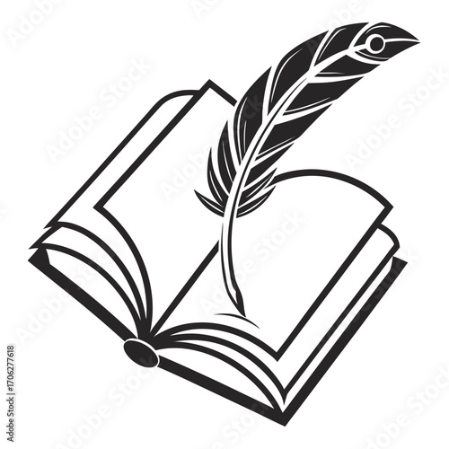 A stylized black and white illustration of an open book with a quill pen resting on its pages symbolizing writing and literature