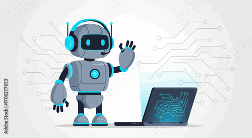 Modern Robot Assistant Interacting With User Interface Design Showing Online Support