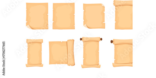 A collection of vintage blank paper sheets and ancient parchment scrolls, ideal for historical or decorative design elements.
