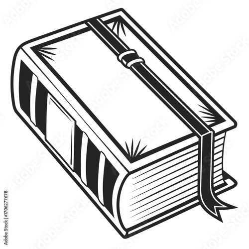 A stylized black and white illustration of a closed hardcover book with a ribbon bookmark representing knowledge and learning