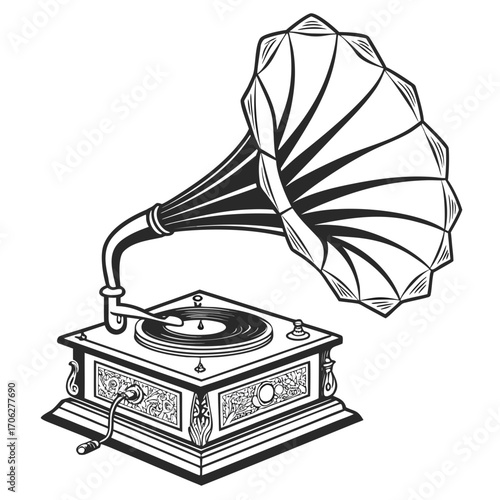 Vintage gramophone with ornate detailing and a large horn representing classic music and historical audio technology in a detailed illustration