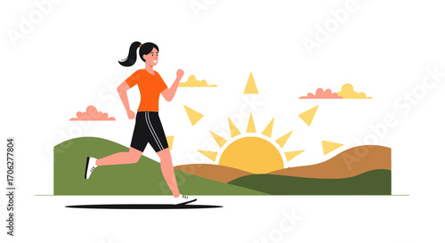 Morning Run Depiction: Woman Actively Jogging With the Sunrise, Healthy Lifestyle