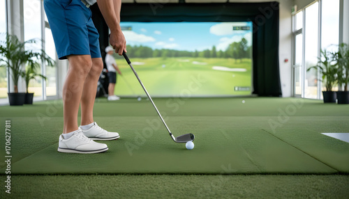 Close-up of golfer’s swing in a virtual golf simulator.