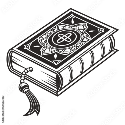 Black and white illustration of an open islamic book with ornate cover design and a tassel bookmark representing religious text and spiritual guidance