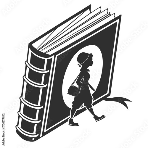 Silhouette of a young girl with a basket walking out of an open book symbolizing imagination and the beginning of a story