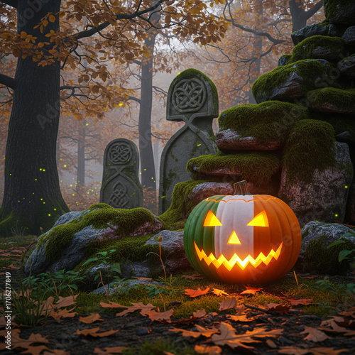 Spooky Samhain celebration with an Irish flag pumpkin illuminating mossy Celtic crosses in a haunted autumnal wood jack-o'-lantern Halloween