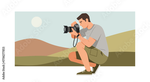 Photographer Capturing Landscape View With A Digital Camera At Golden Hour For Design