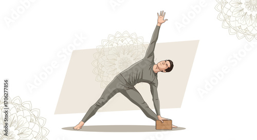 Man Demonstrating Yoga Pose with Mandala Background for Wellness and Self-Care