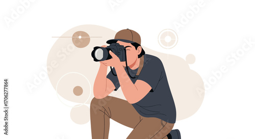 Photographer Capturing Moment Employing Camera, Illustration Design On White Background