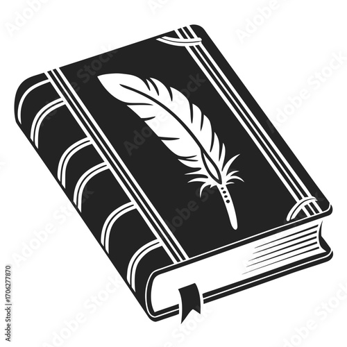 Stylized black and white illustration of an open book with a quill pen feather resting on its cover symbolizing writing and literature