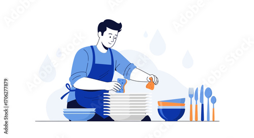 Man Doing Dishes, Washing Ceramic Plates and Bowls, a Household Chore Illustration