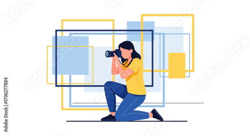 Photographer Capturing Moment: Modern Illustration of Photography Amidst Geometric Abstraction
