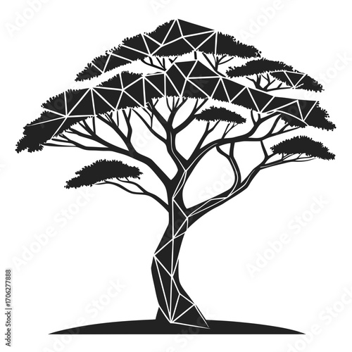 Stylized geometric acacia tree silhouette with triangular patterns in the canopy and trunk against a white background representing nature and design