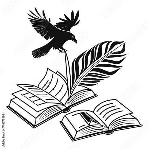A black silhouette of a raven perched on a quill pen emerging from an open book with another open book nearby symbolizing knowledge and storytelling