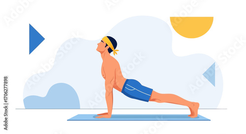 Man Doing Yoga Exercise Depicted in Upward-Facing Dog Pose For Health and Wellbeing