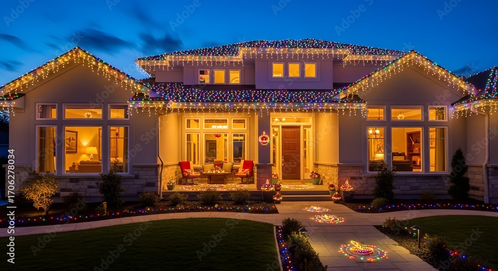Fototapeta premium Modern residential house lavishly decorated with colorful festive lights during an evening twilight.