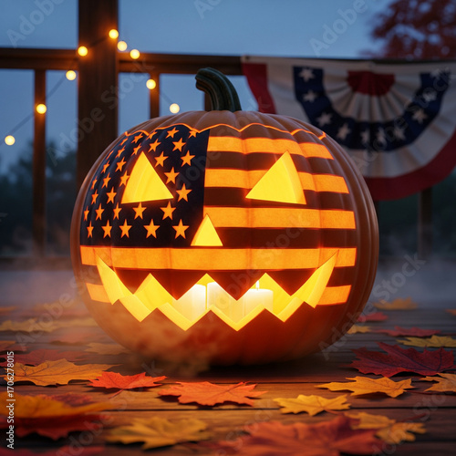 Patriotic jack-o'-lantern carved with an American flag design glowing on a wooden porch with autumn leaves at dusk US Flag