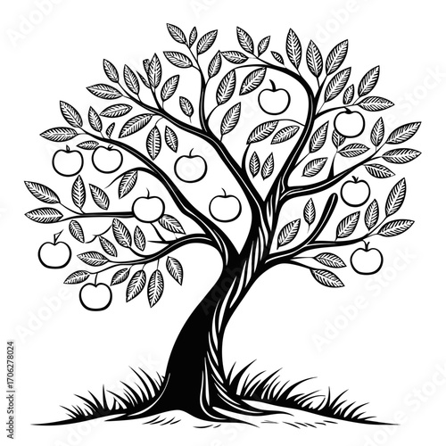Stylized black and white illustration of a mature apple tree with numerous ripe apples hanging from its branches and lush green grass at its base