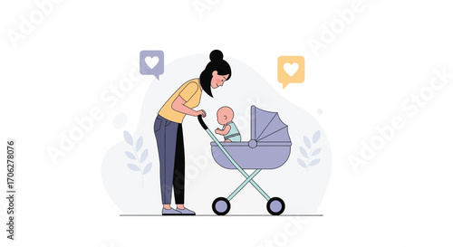Mother with Adorable Baby in a Stroller: A Tender Moment of Parenthood