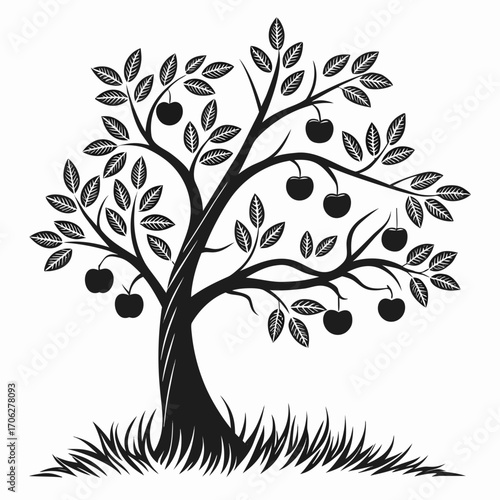 A stylized black silhouette of a mature apple tree laden with ripe fruit and detailed leaves standing on a patch of grass against a white background