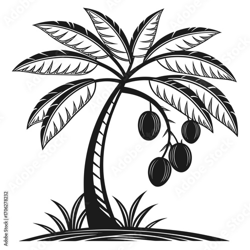 Stylized black and white silhouette of a tropical coconut palm tree with ripe fruit hanging from its branches and grass at its base
