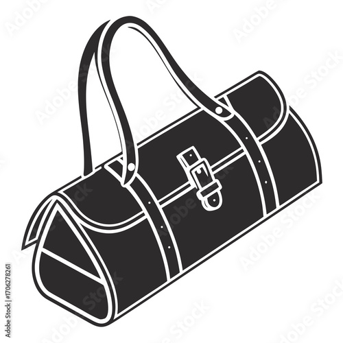 A simple stylized black and white illustration of a classic duffel bag with two top handles and a buckle closure perfect for travel or gym use
