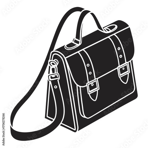 A classic black and white silhouette illustration of a vintage leather satchel bag with a long adjustable shoulder strap and buckle closures