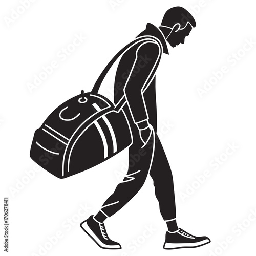 Stylized silhouette of a man walking with a duffel bag slung over his shoulder conveying a sense of travel or athletic activity