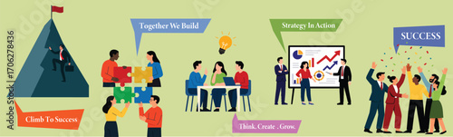 Business Teamwork Success Strategy Vector Illustration – Collaboration, Growth, and Achievement, for business presentations, corporate infographics, leadership concepts, teamwork posters