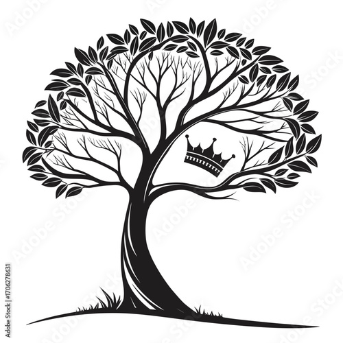 A stylized black silhouette of a majestic tree with a crown resting on one of its branches symbolizing royalty and nature s grandeur