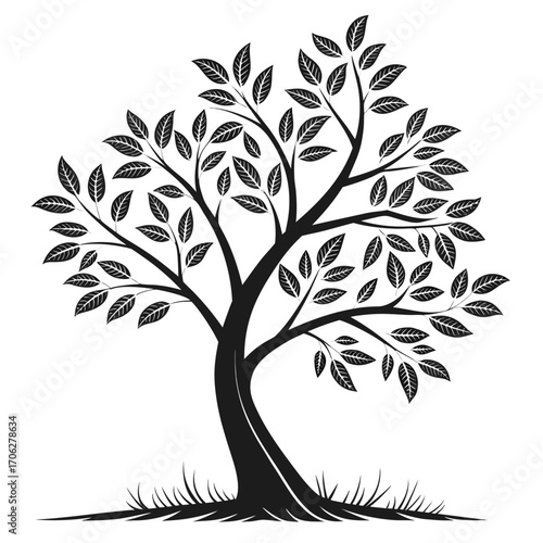 Stylized silhouette of a lush tree with many leaves and grass at its base on a white background