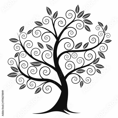 Elegant black silhouette of a stylized tree with swirling branches and decorative leaves against a clean white background