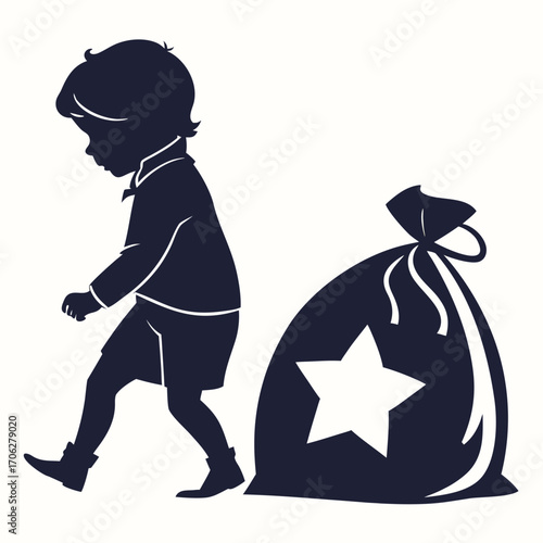 Silhouette of a young boy in formal attire walking next to a large sack decorated with a star representing childhood dreams or a special delivery