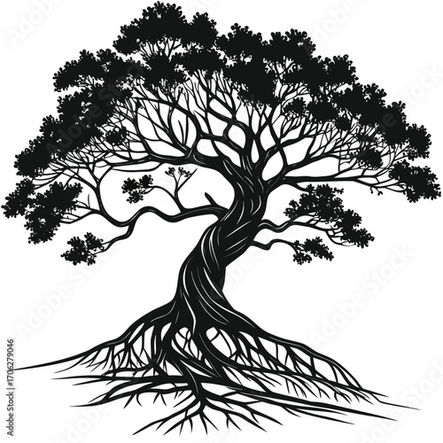 Stylized black silhouette of an ancient gnarled tree with a thick twisted trunk and exposed sprawling roots against a white background