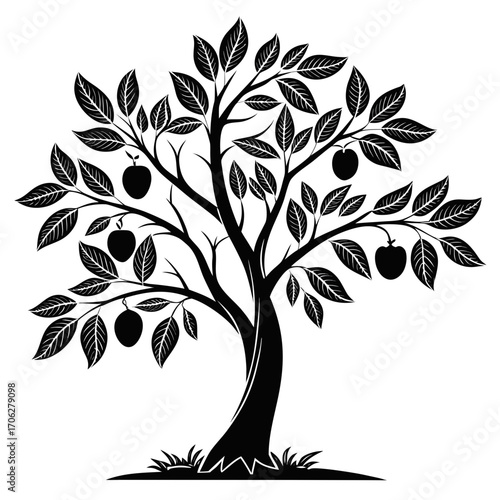 Stylized black silhouette of a fruit tree with apples and detailed leaves on a white background with grass at the base