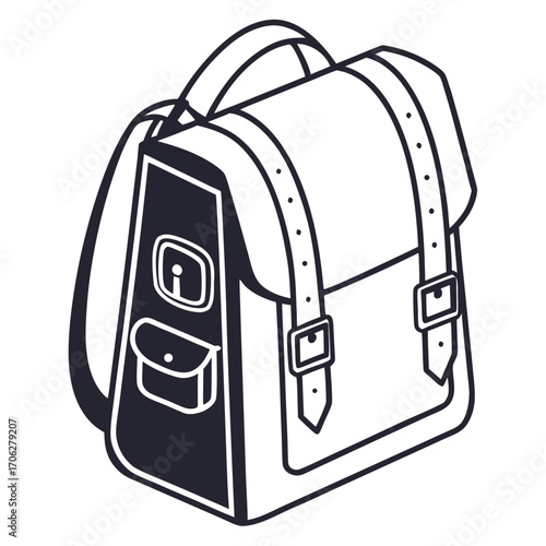 A simple black and white isometric line art illustration of a classic satchel backpack with buckle straps and front pockets