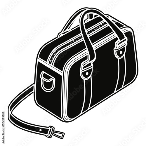 A black and white graphic illustration of a classic duffel bag with a shoulder strap and handles presented in a clean modern style