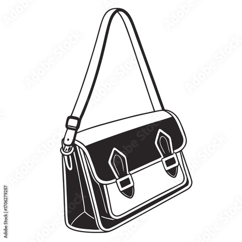 Classic black and white illustration of a satchel bag with a shoulder strap and buckle closures perfect for school or everyday use