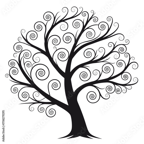 Stylized black silhouette of a whimsical tree with swirling branches and spiral leaf like shapes on a clean white background