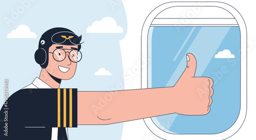 Pilot Assured Flight Amidst Clouds and Window View Delivering a Positive Gesture