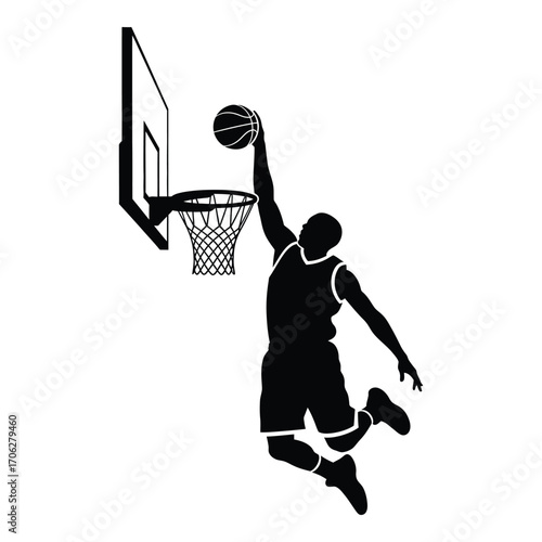Dynamic basketball player silhouette mid-dunk action shot on silhouette