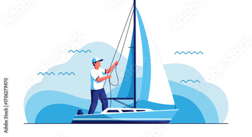 Sailing Adventure: A Man Maneuvering A Sailboat Across The Open Waters