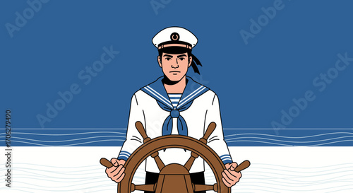 Sailor At The Helm Of A Ship On The Ocean Illustration Style And Flat Design Scene