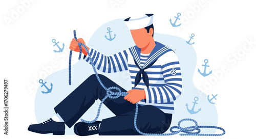 Sailor Demonstrating Knot Tying Skills With Nautical Theme And Seamless Vector.