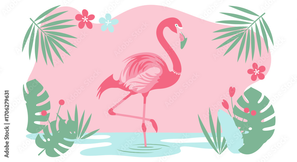Fototapeta premium Pink Flamingo Amidst Exotic Flora and Fauna in a Serene, Tropical Paradise Scene